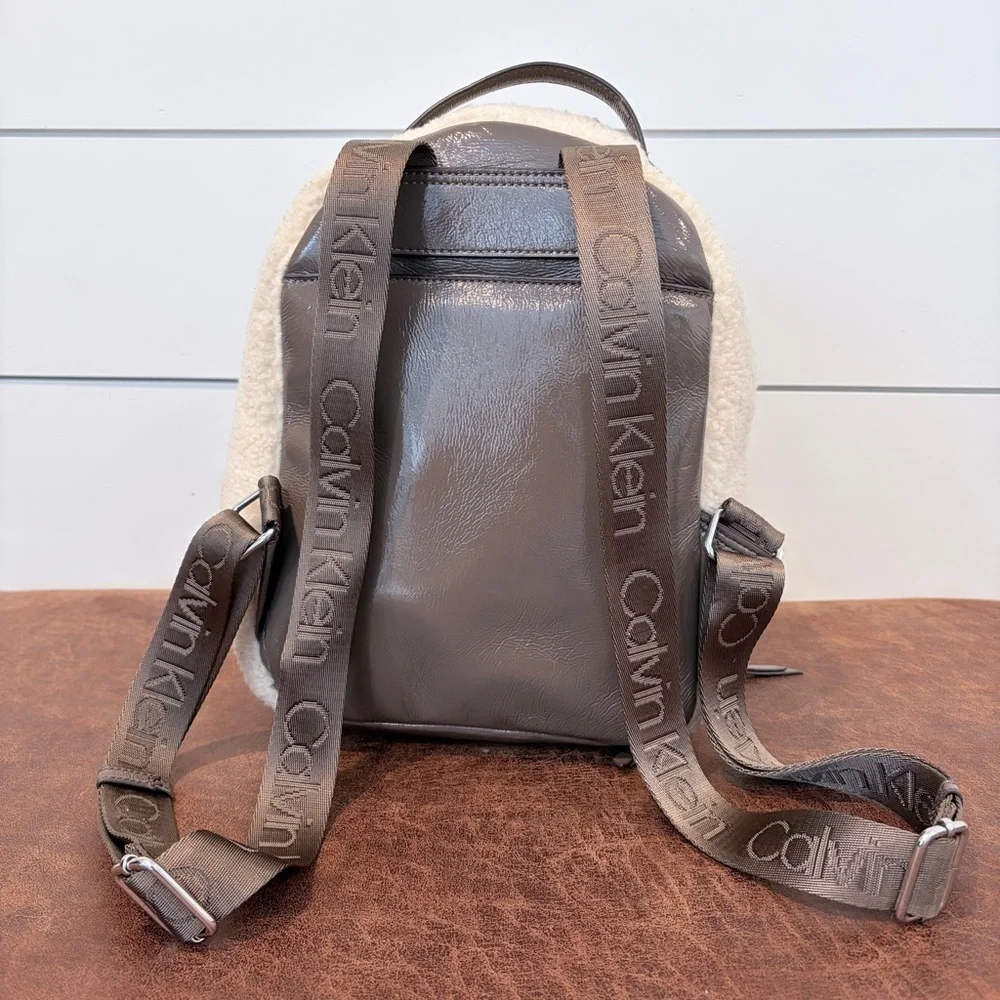 Calvin Klein Teddy Sherpa Mini Backpack Taupe Brown Soft Girl Y2K Chic